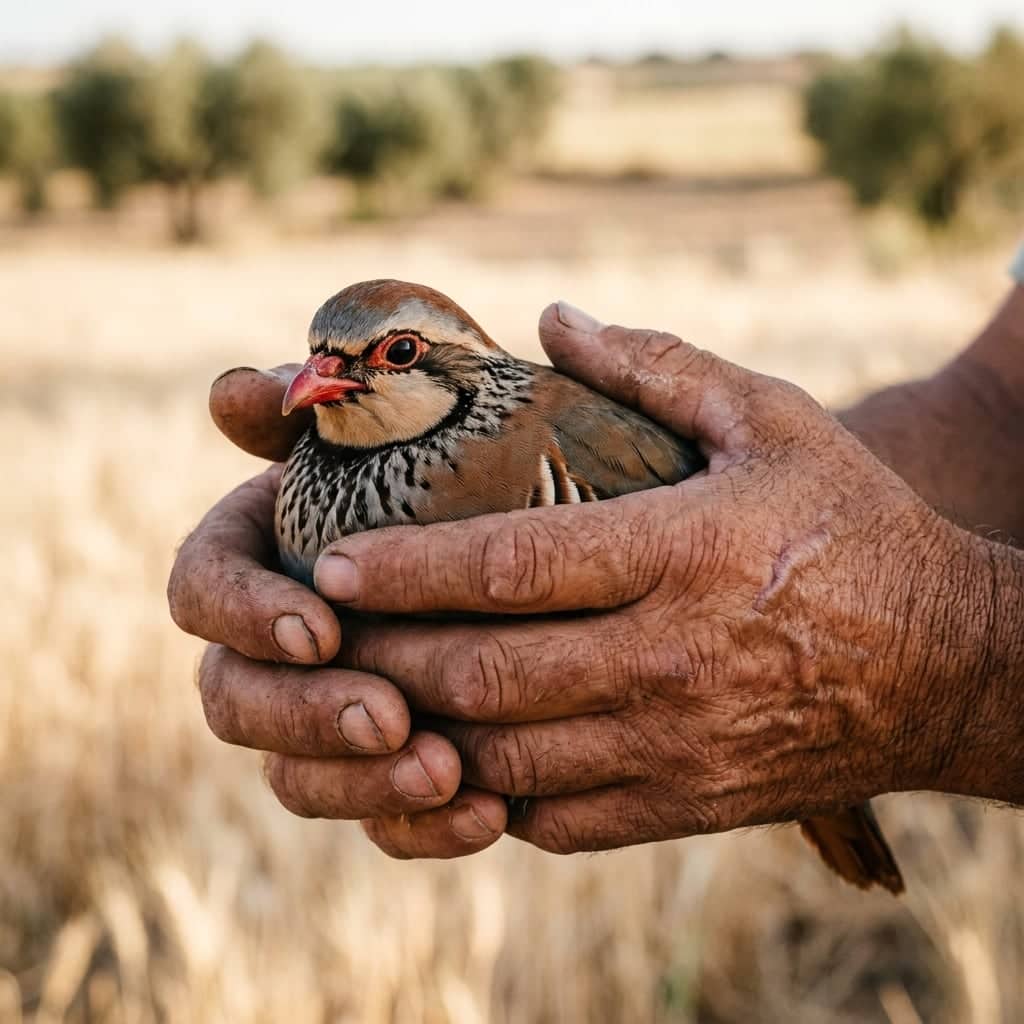 Manos sosteniendo una perdiz roja en el campo